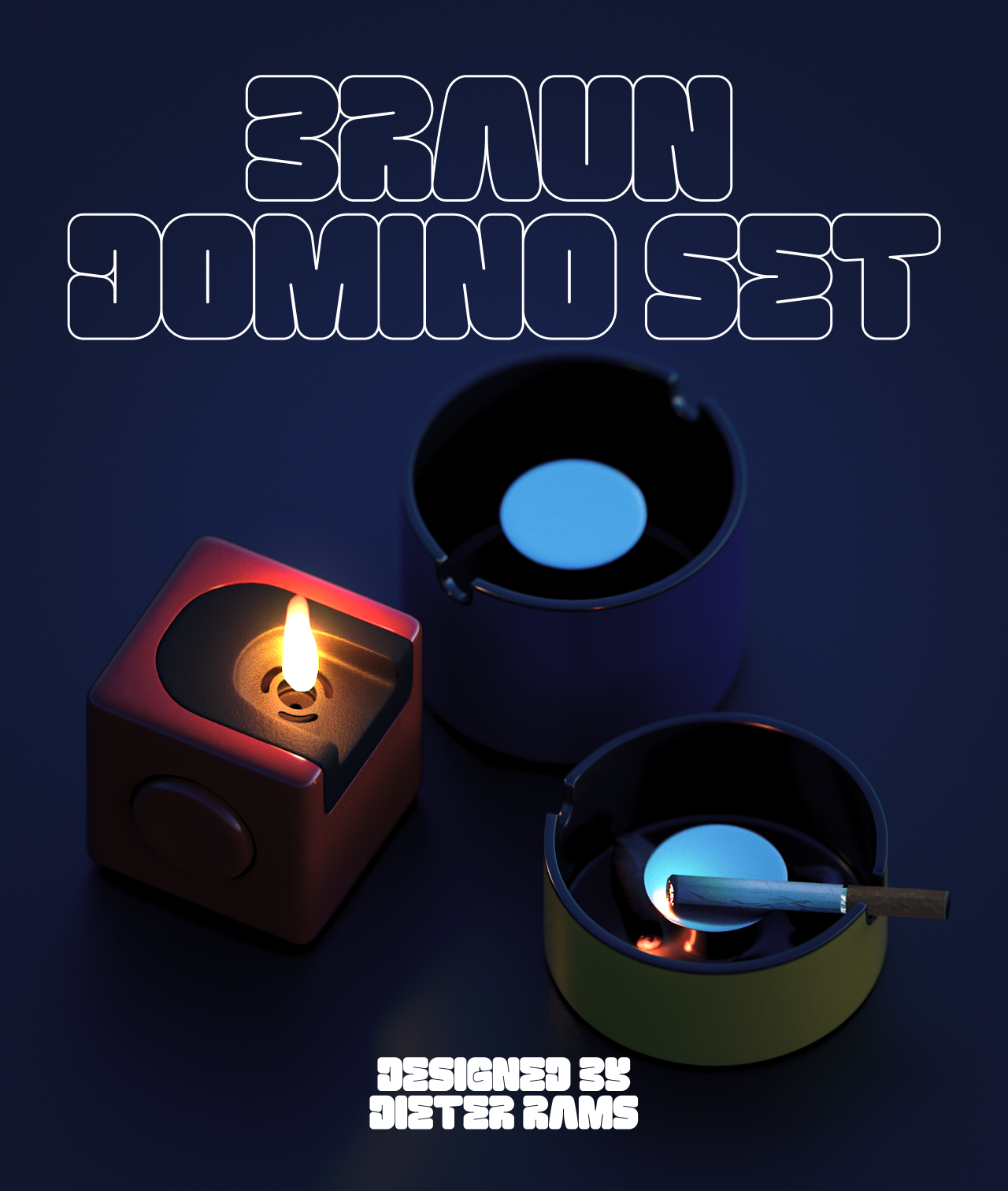 Night poster: same three objects lit only by their flames