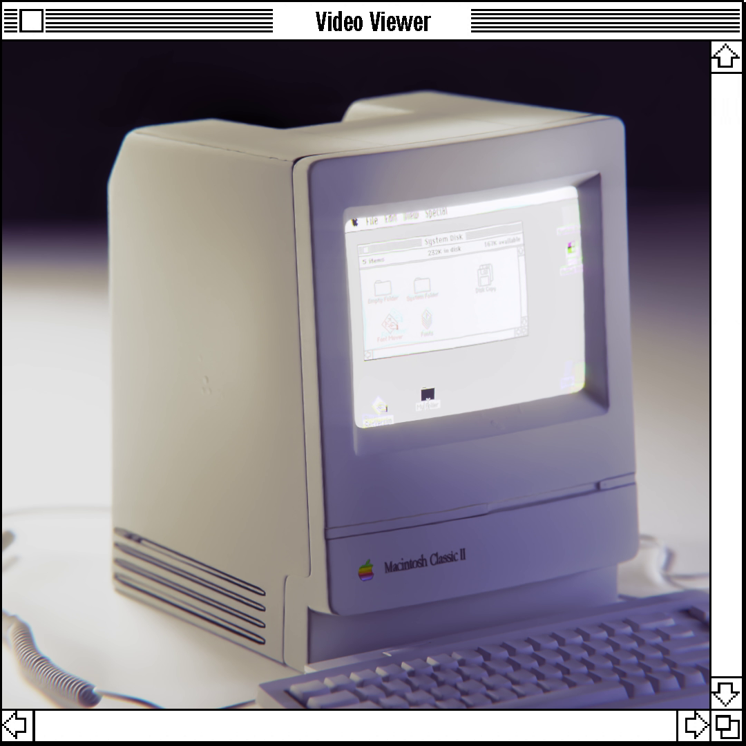 A Macintosh Classic II rendered inside a System 1.1 video viewer window